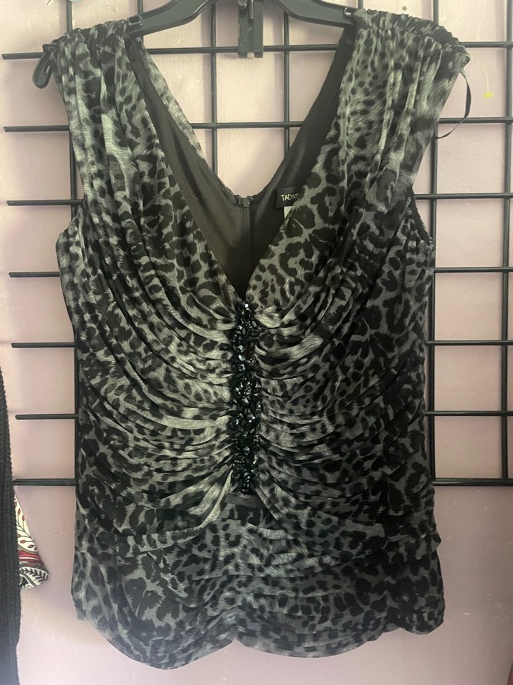 Tadashi Shoji Black Gray Animal Print Beaded Draped V-Neck Top